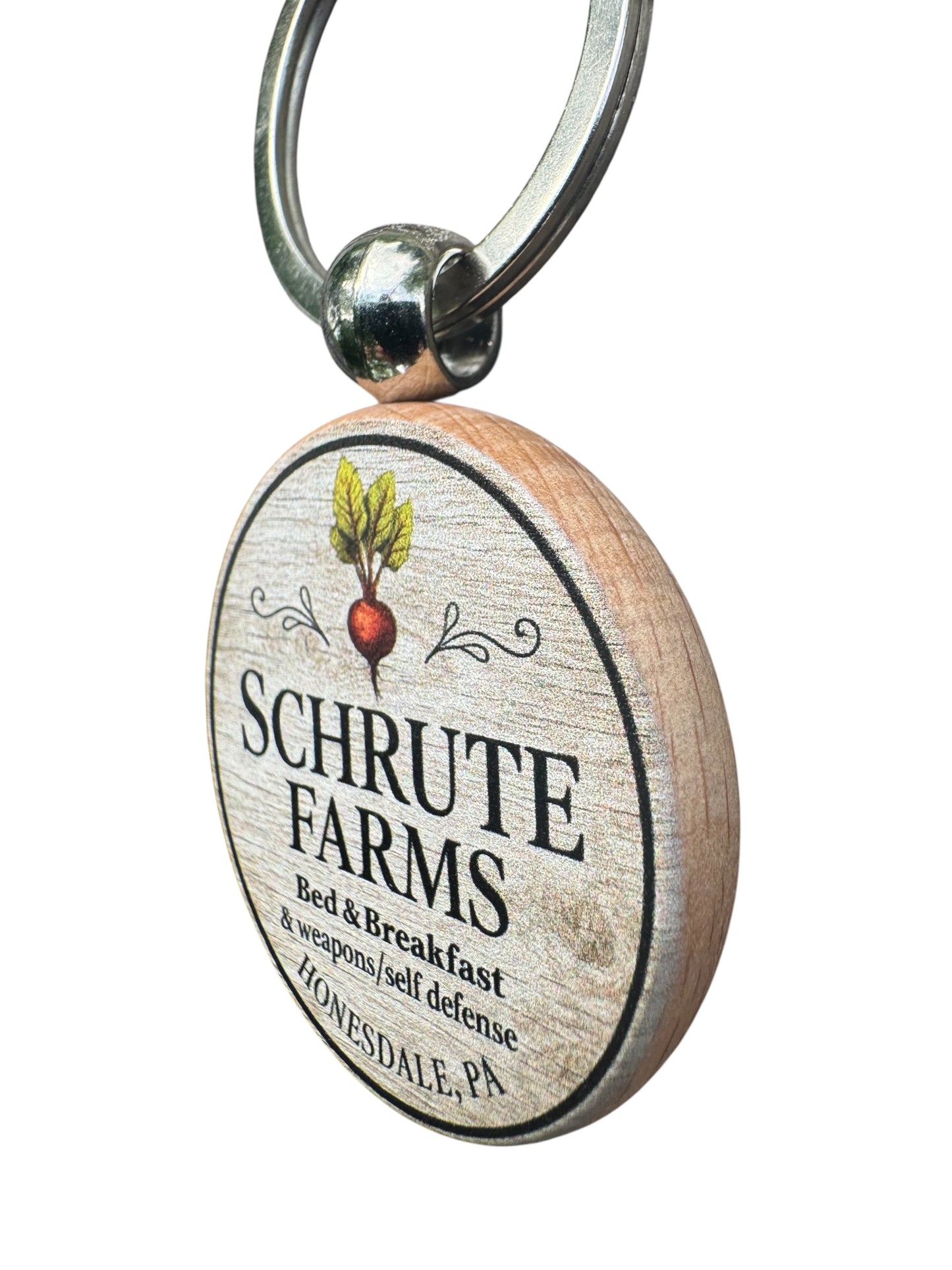 Schrute Farms Keychain, Funny Office Inspired Gift, Wood Round Keychain, White Elephant Gift