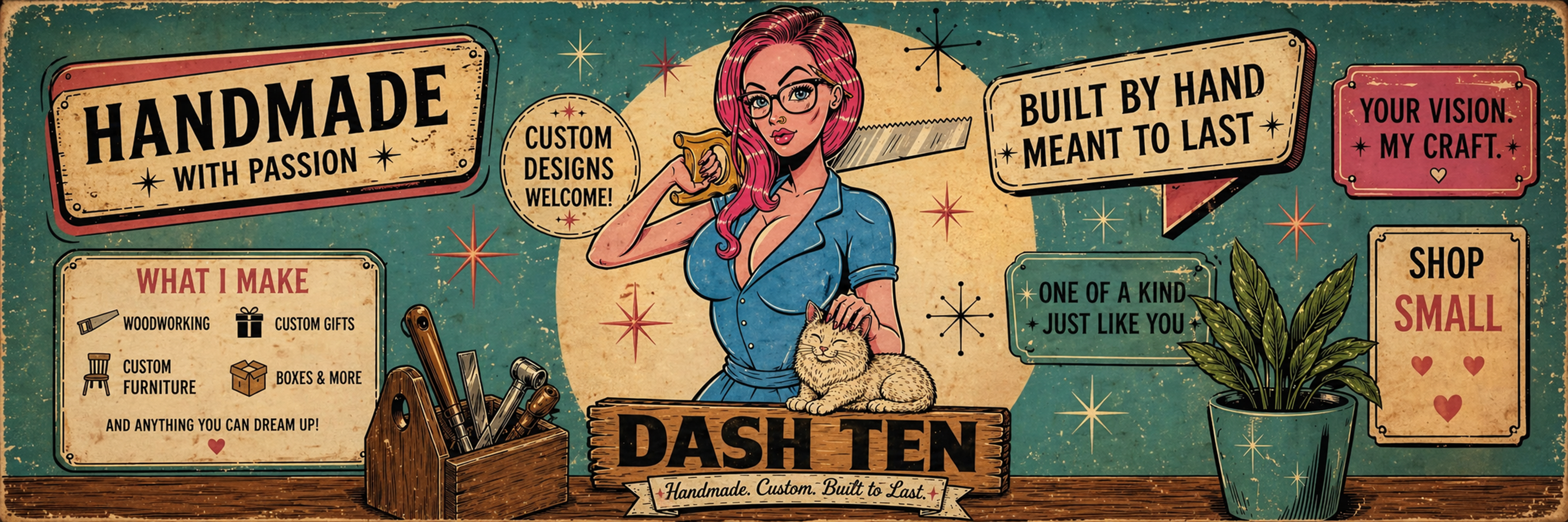 Vintage-style advertisement for a custom design service with a woman holding a paintbrush and text about handmade products.
