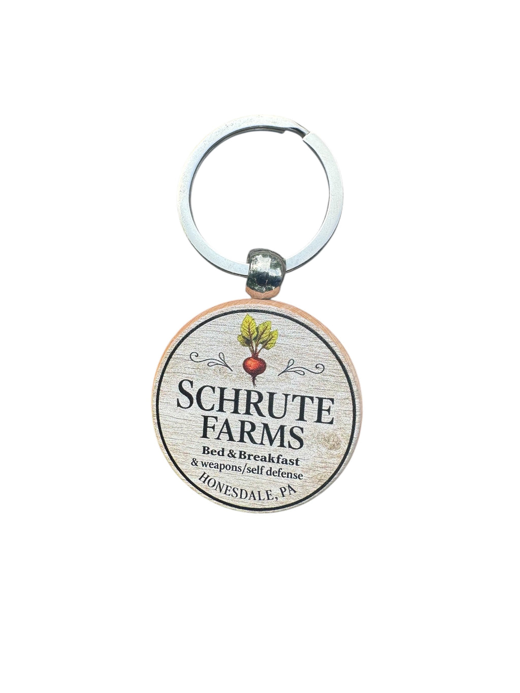 Schrute Farms Keychain, Funny Office Inspired Gift, Wood Round Keychain, White Elephant Gift