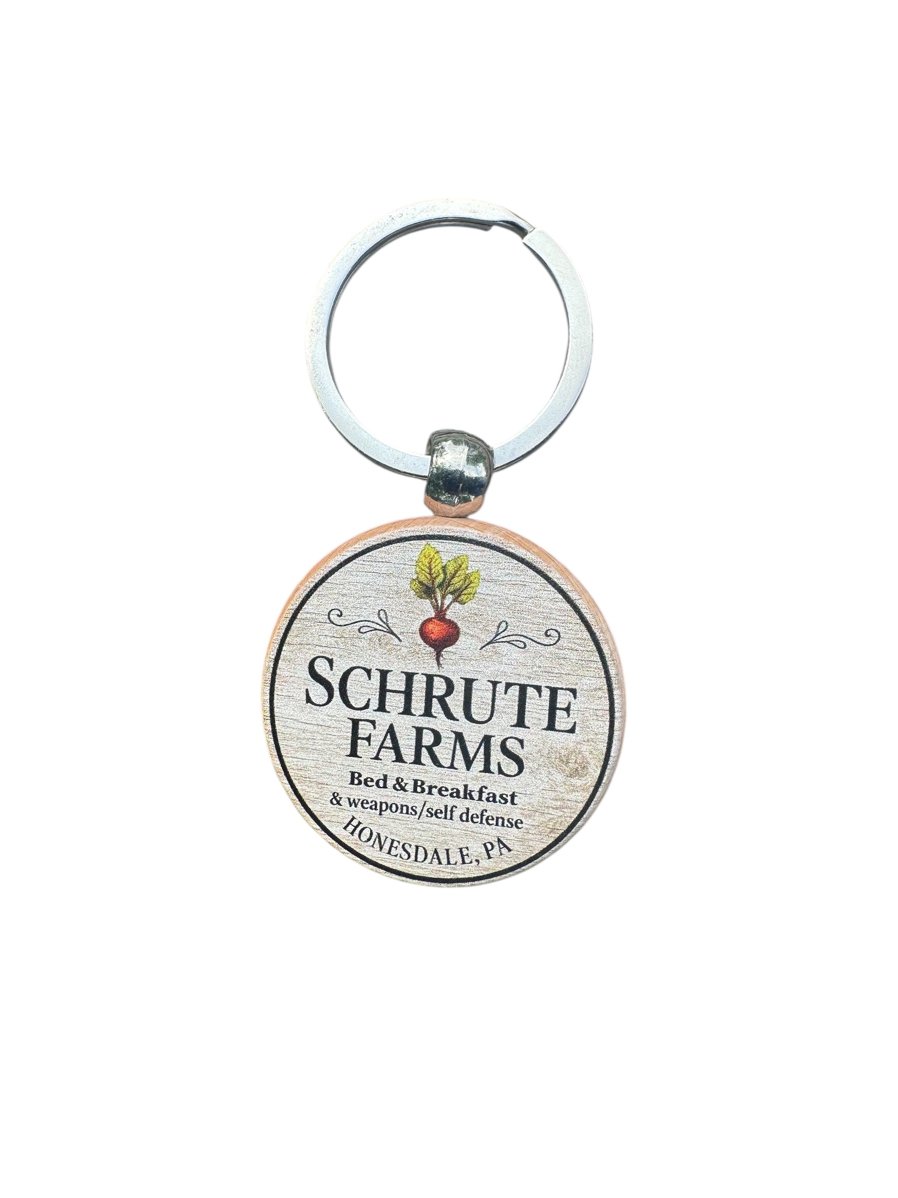 Schrute Farms Keychain, Funny Office Inspired Gift, Wood Round Keychain, White Elephant Gift