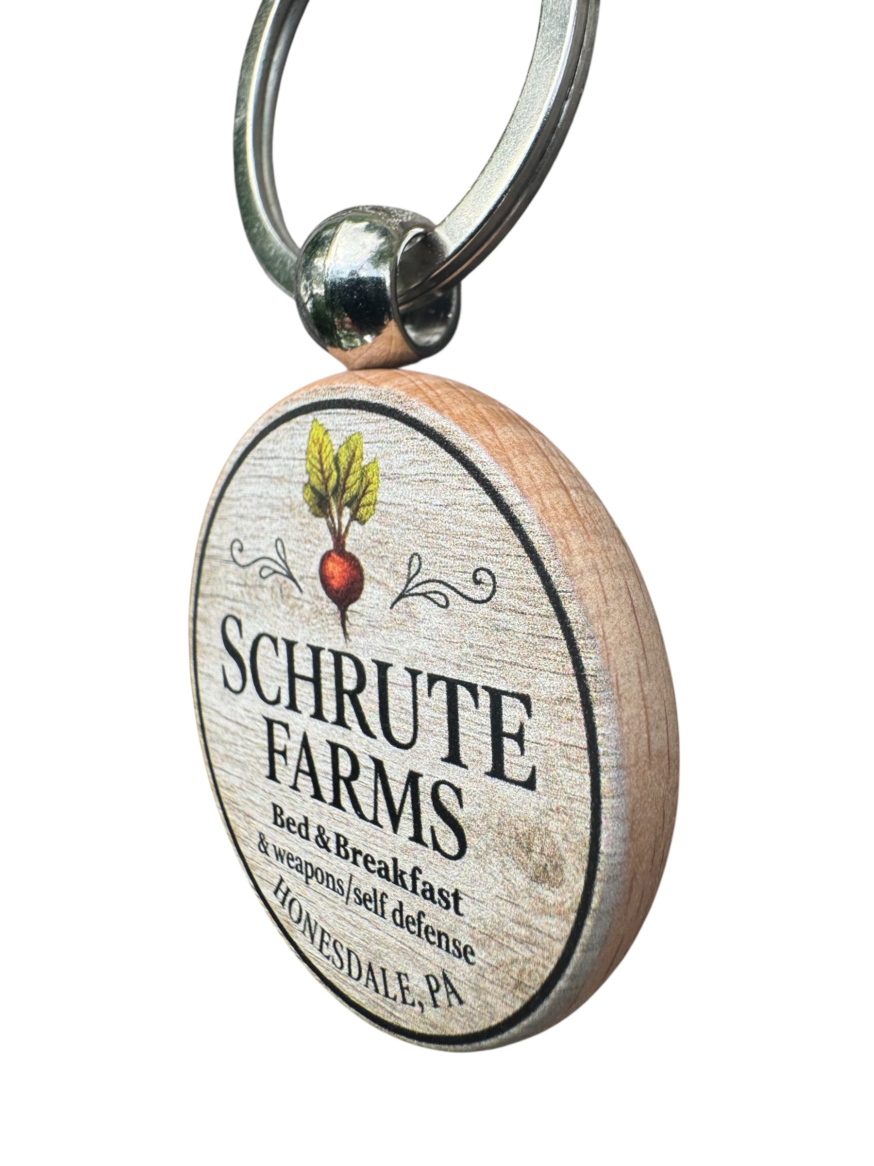 Schrute Farms Keychain, Funny Office Inspired Gift, Wood Round Keychain, White Elephant Gift