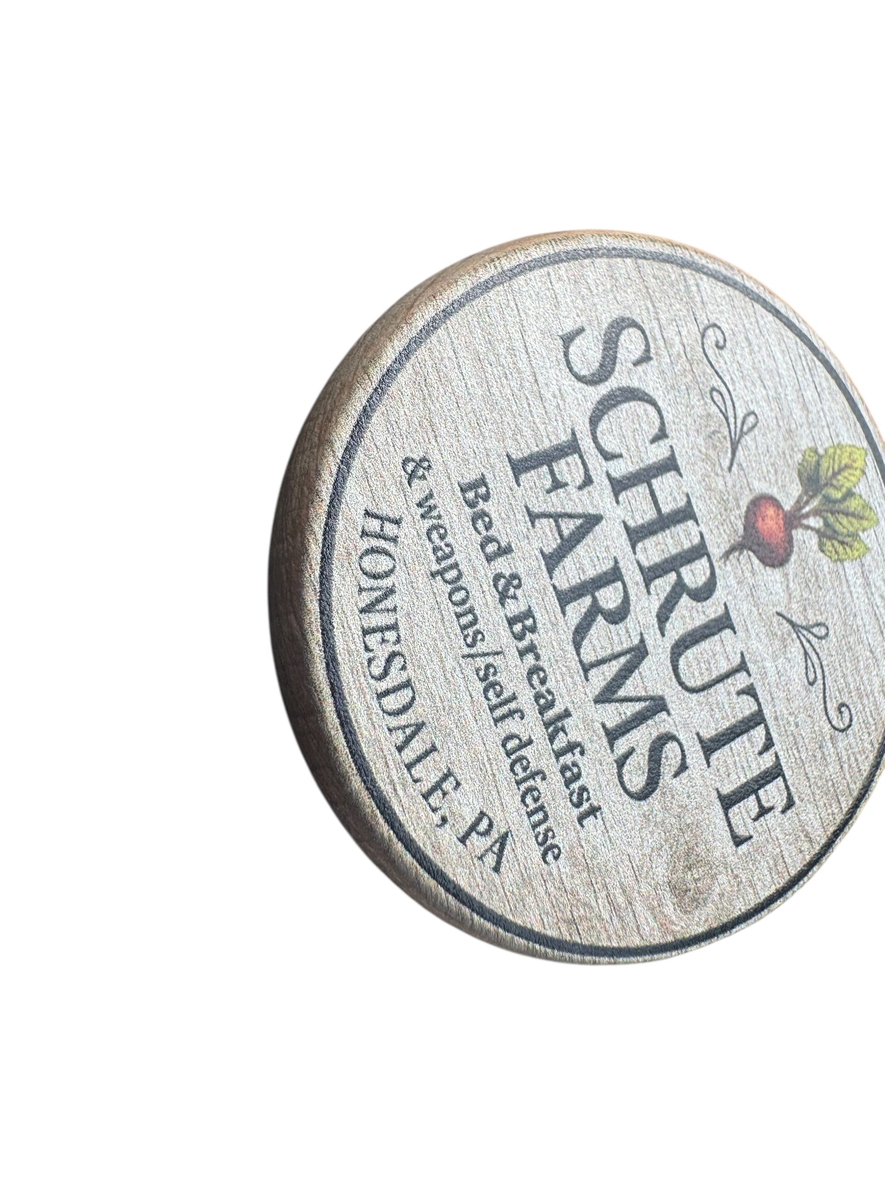 Schrute Farms Keychain, Funny Office Inspired Gift, Wood Round Keychain, White Elephant Gift