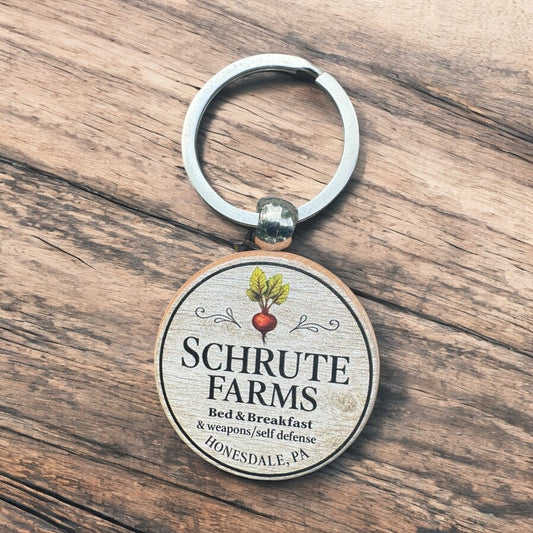 Schrute Farms Keychain, Funny Office Inspired Gift, Wood Round Keychain, White Elephant Gift