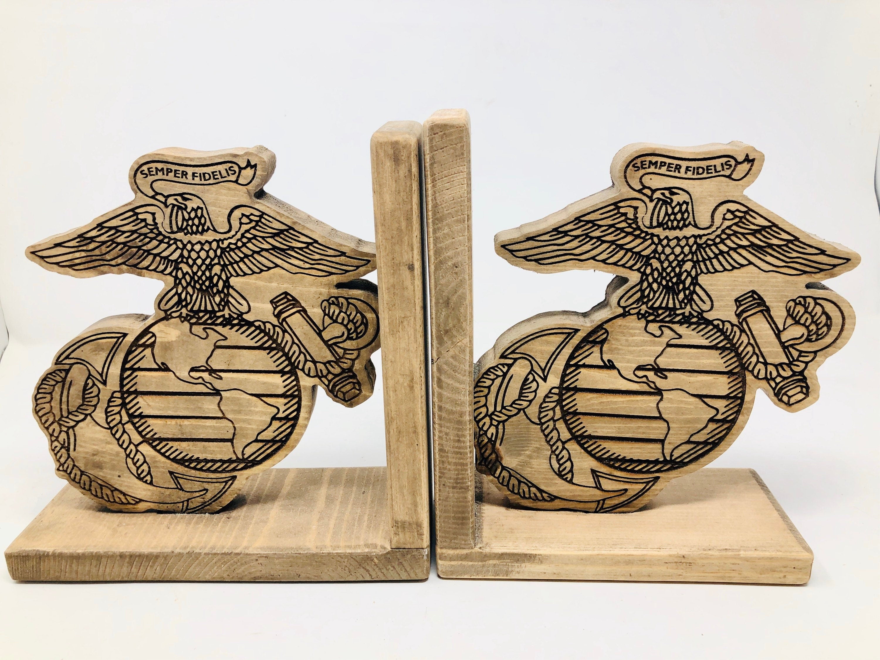 United States Marines Rustic Wooden Bookends