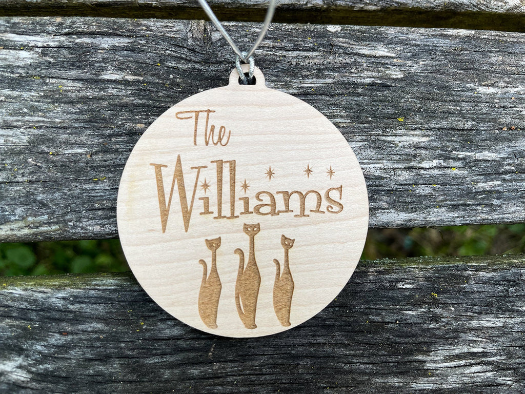 Mid Century Modern Christmas Atomic Cats Ornament, Custom Mid Century Wood Starburst, Custom Name, Retro Christmas, Personalized Ornament