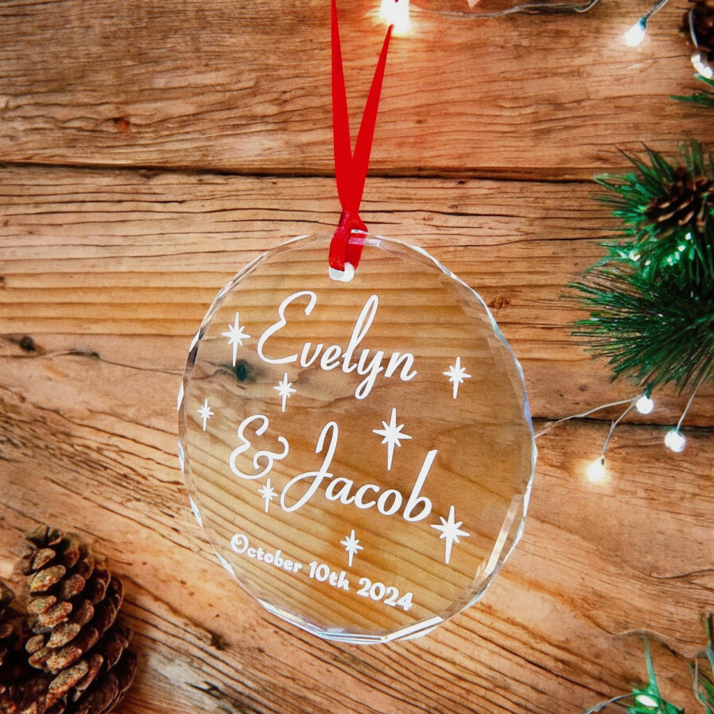 Personalized Clear Crystal Ornament with Name & Date; Glass Christmas Ornament Keepsake for Wedding Shower, Engagement, or Anniversary Gift
