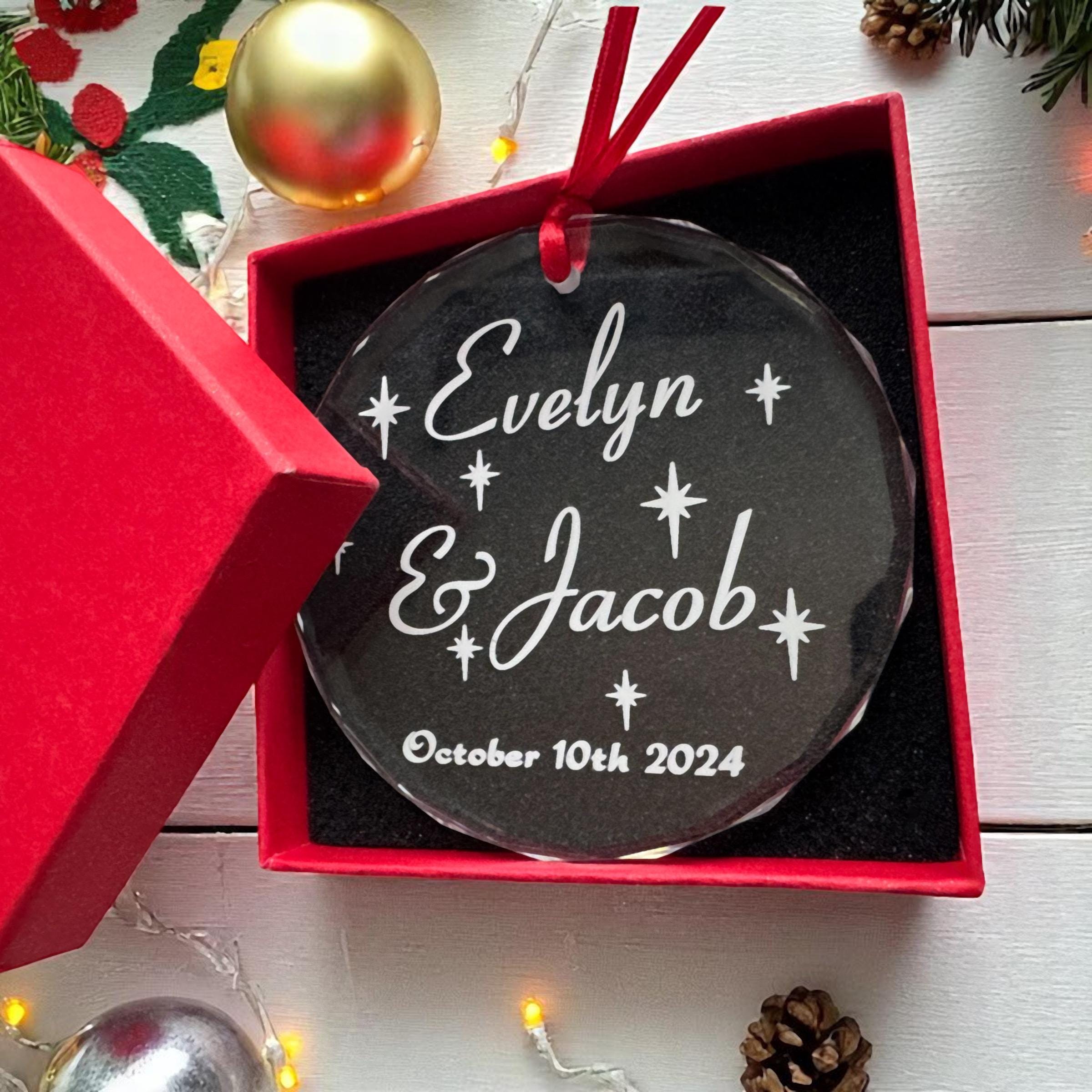 Personalized Clear Crystal Ornament with Name & Date; Glass Christmas Ornament Keepsake for Wedding Shower, Engagement, or Anniversary Gift