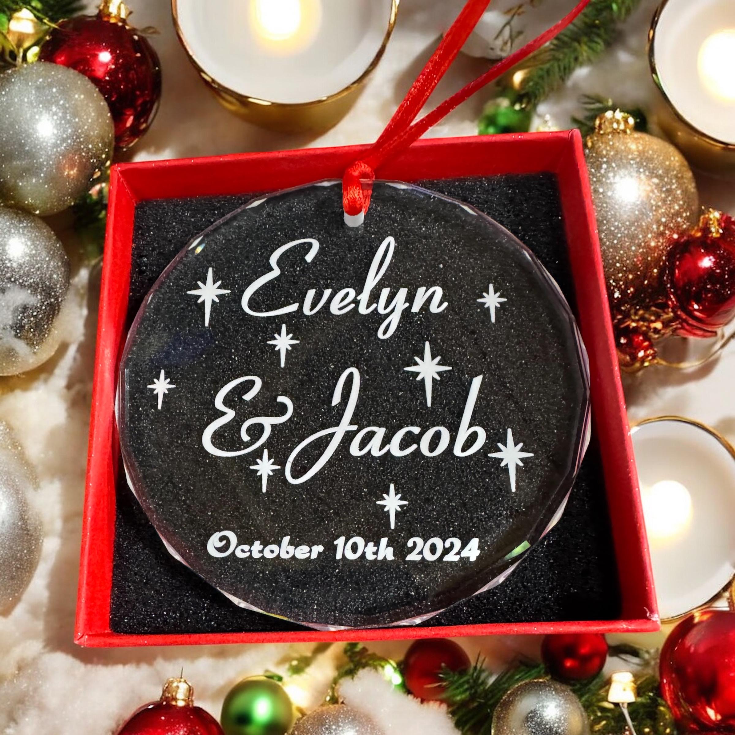 Personalized Clear Crystal Ornament with Name & Date; Glass Christmas Ornament Keepsake for Wedding Shower, Engagement, or Anniversary Gift
