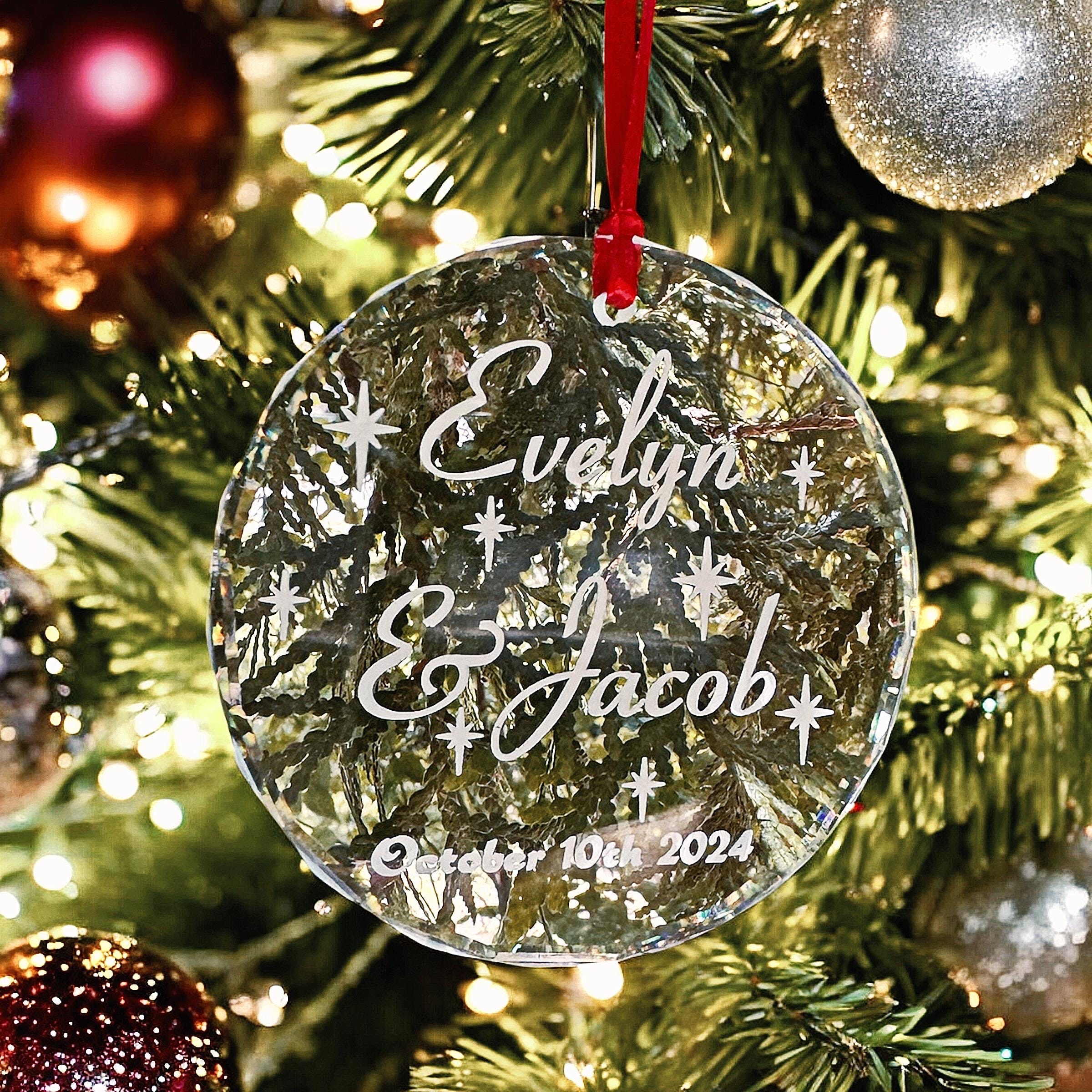 Personalized Clear Crystal Ornament with Name & Date; Glass Christmas Ornament Keepsake for Wedding Shower, Engagement, or Anniversary Gift