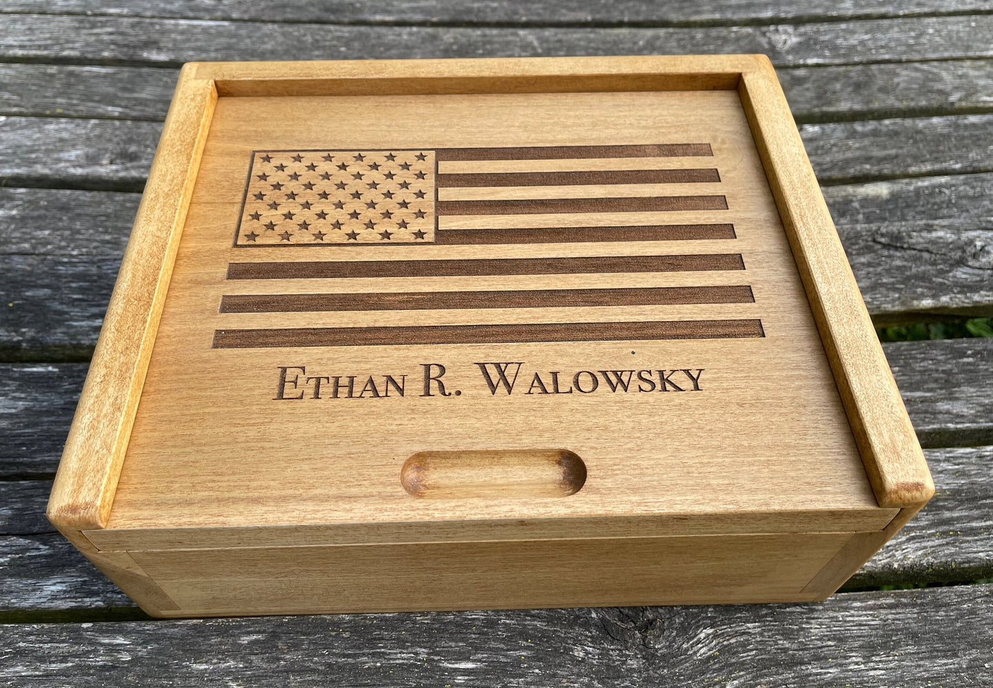Custom US Flag Rustic Wooden Handmade Box - United States of America Personalized Keepsake Box - Large Military Wood Box