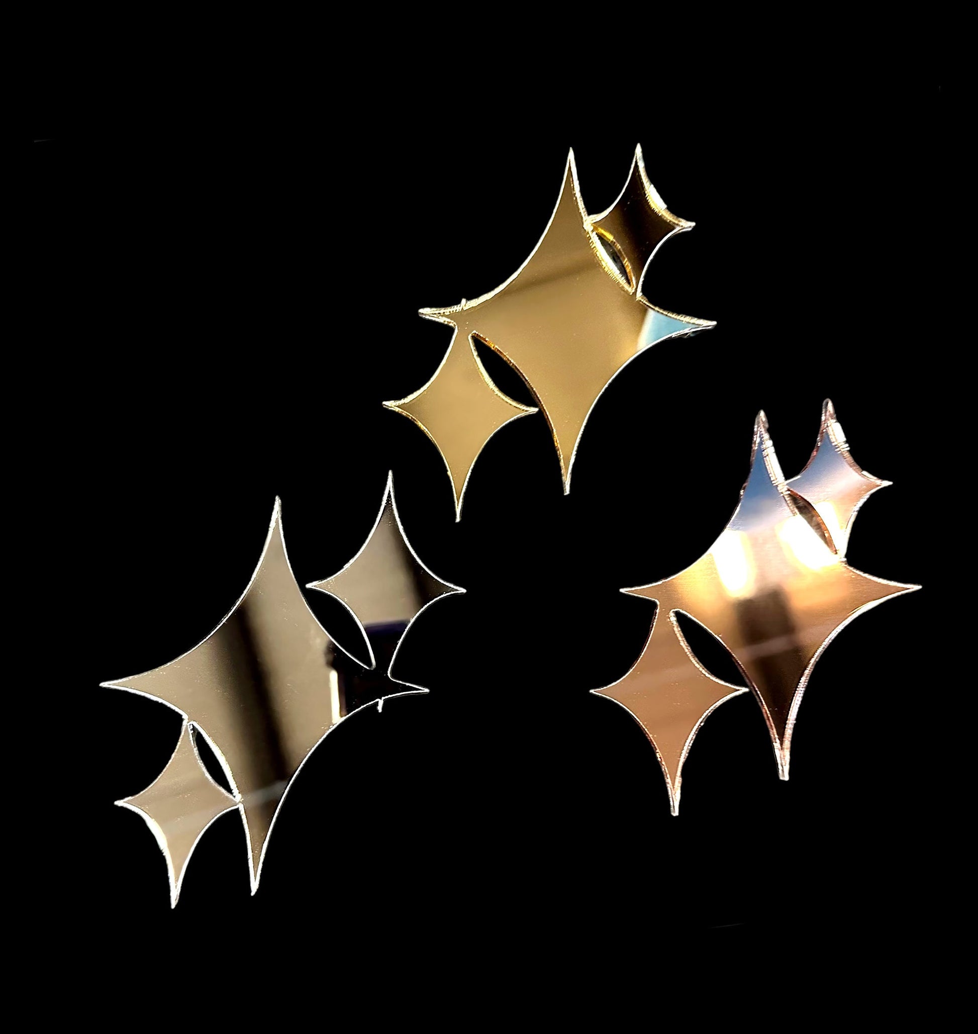 Mirrored Mid Century Modern Triple Star Cutout -Gold, Rose Gold, Silver MCM Craft Starburst Cutout